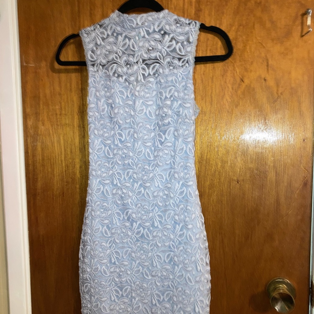 Blue Lace Dress with flowers , High Neck , Zipper